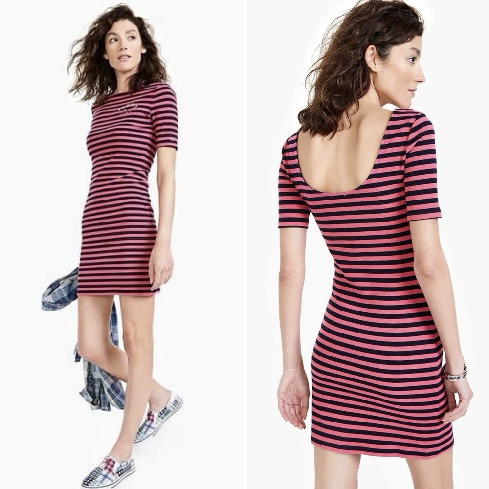 NEW Tommy Jeans Ribbed Mini T Shirt Dress Size S Bodycon Blue‎ Pink Striped Logo